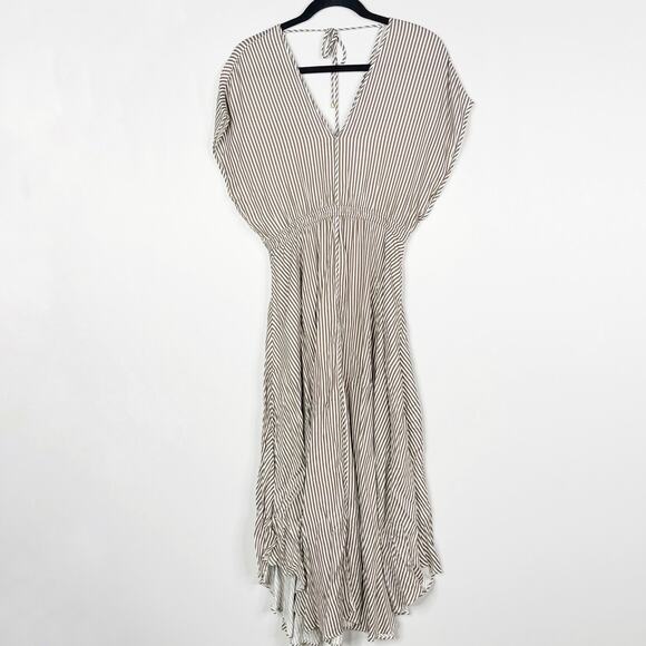 Hale Bob XSmall XS Gadi Twill Striped Midi Dress Taupe White Slit Front Tie Back - Picture 1 of 11